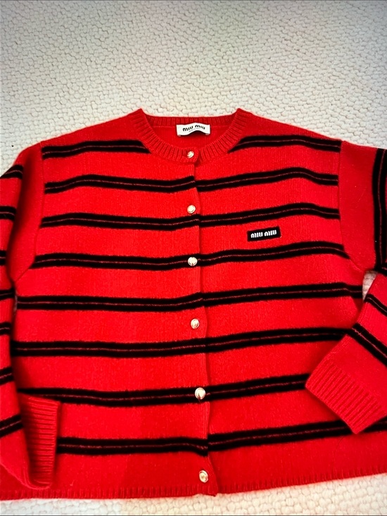 Miu Miu Tops - Miu Miu Red and Black Striped Button-Front Cardigan